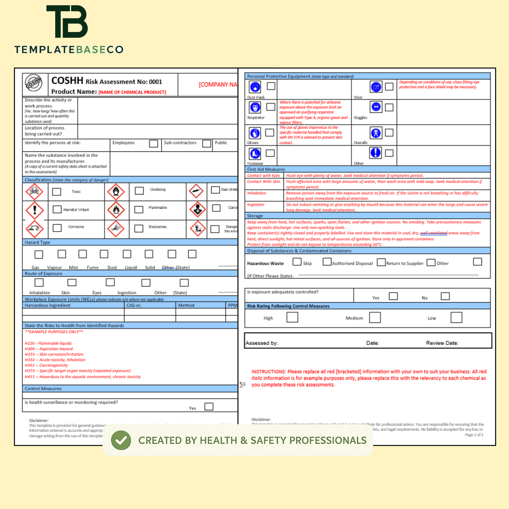 COSHH Risk Assessment Template