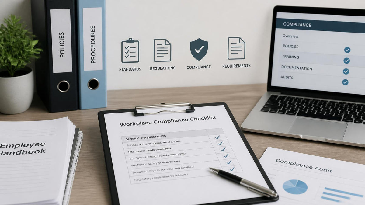 Workplace compliance checklist on a clipboard with a laptop and binders in the background.